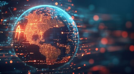 Fototapeta premium A 3D globe with a digital firewall protecting it, representing global cybersecurity. Room for text.