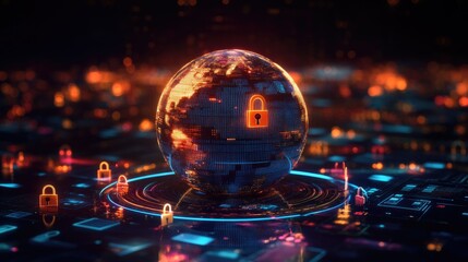 A 3D globe surrounded by digital lock icons, symbolizing worldwide data protection. Room for copy in the background.