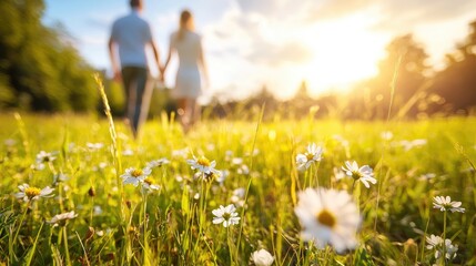 Couple Walking Through a Wildflower Field at Sunset