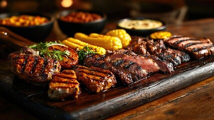 Grilled Meats and Vegetables Selection on Wooden Platter