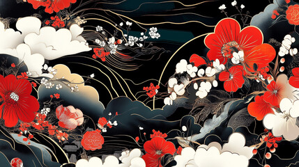 紅白の花と金色の雲が彩る和風デザイン - 華やかな日本伝統アートイラスト
