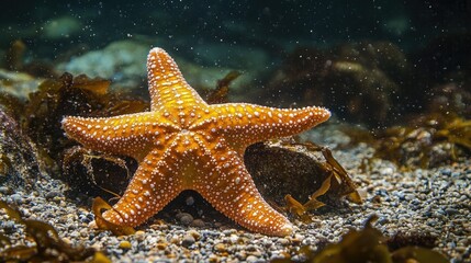 A close-up of a starfish resting on the ocean floor. Space for copy in the surrounding water.