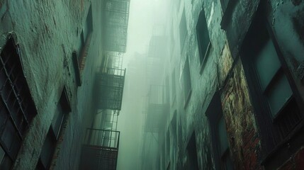 Foggy alley with fire escapes on urban buildings in mysterious cityscape