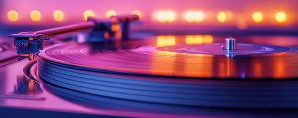 Close-up of a record player turntable with a vinyl record spinning.