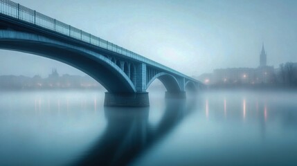 Foggy morning view of a bridge reflecting on tranquil water in urban landscape