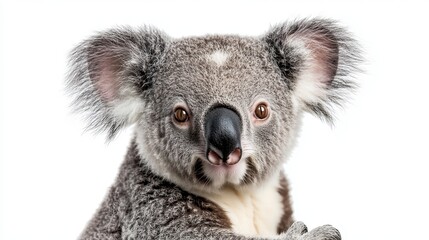 Fototapeta premium The koala, a cute and cuddly Australian animal, loves to climb trees and eat leaves. This photo shows a koala looking right at the camera, against a plain white background.