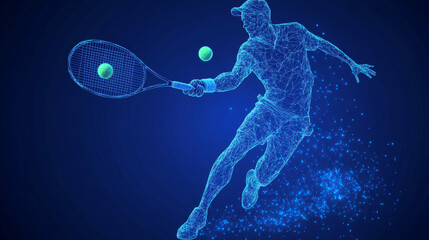 An abstract wireframe silhouette of a tennis player composed of triangles and particles, depicted in motion as he hits a tennis ball. The player is captured in a dynamic pose, showcasing athleticism a