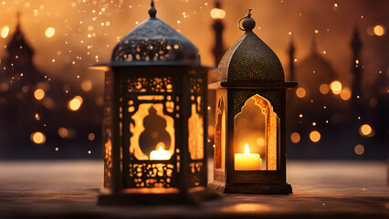 Obraz premium Two ornate lanterns with candles, glowing warmly against a blurred background.