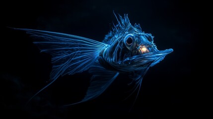 Fototapeta premium A deep-sea anglerfish showcasing its bioluminescent lure in the dark depths. The eerie yet fascinating appearance of this creature captivates viewers, highlighting the mysteries of deep-sea life.