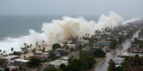 Coastal storm with giant wave crashing on tropical shore