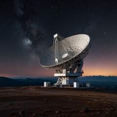 Giant radio telescope scanning deep space near a mountaintop observatory