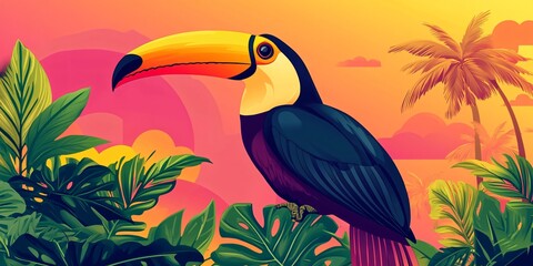 Obraz premium Colorful toucan with tropical leaves and palm trees against a sunset background.