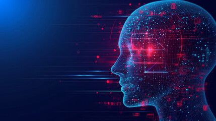  This illustration showcases a virtual robot face that embodies the essence of artificial intelligence. The design features a human-like head with intricate details that suggest advanced technology, e