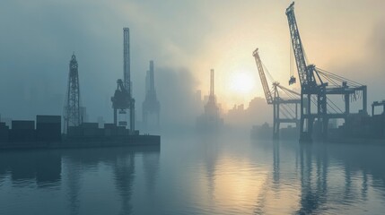 Obraz premium Industrial harbor cranes at sunrise with foggy skyline reflecting on the water