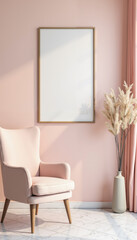 A light pink living room with a matching armchair, a vase of dried plants, and a large empty frame with a gold finish hanging on the wall.  Mockup