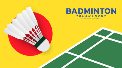 Badminton racket with white badminton shuttlecock on white line on green background badminton court indoor badminton sports wallpaper with copy space , illustration Vector EPS 10