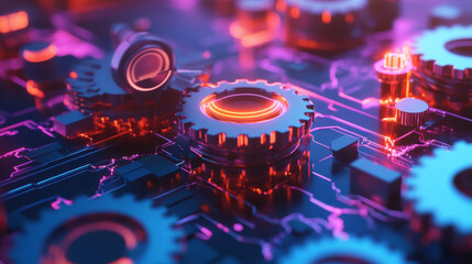 This 3D illustration captures the intersection of business, technology, and education in a dynamic e-learning environment. The design features abstract elements representing coaching and mentoring, sh