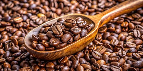 Fototapeta premium Roasted Coffee Beans in a Wooden Spoon, a Close Up with Rich Brown Tones and Intricate Details