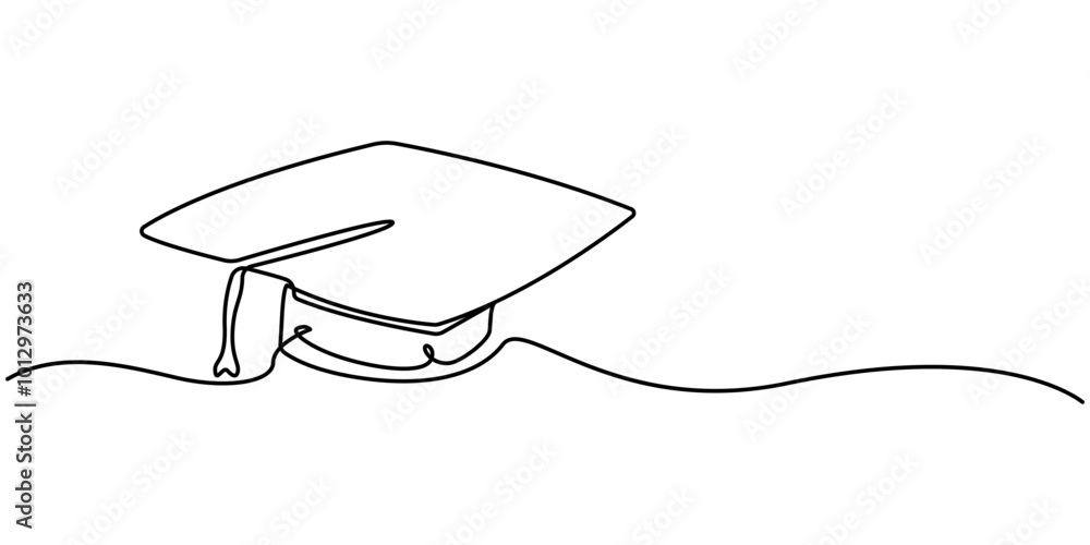Poster continuous cap one line art drawing of graduation hat concept outline vector, continuous one line dr