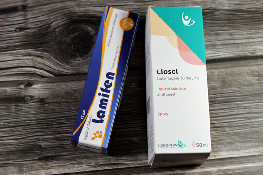 Cairo, Egypt, September 29 2024:  Topical antifungals, Lamifen cream terbinafine HCL  and Closol clotrimazol 10mg topical solution spray, for the treatment of Fungal infection of the skin like Tinea