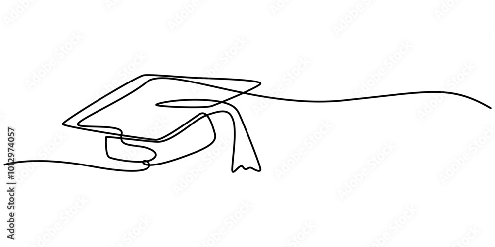 Poster continuous cap one line art drawing of graduation hat concept outline vector, continuous one line dr