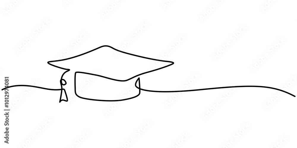 Poster continuous cap one line art drawing of graduation hat concept outline vector, continuous one line dr