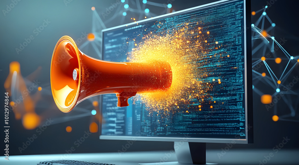 Poster contemporary conceptual image of a computer monitor with a bright orange megaphone and digital netwo