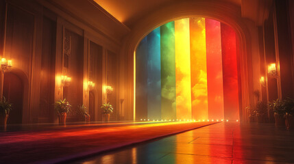 Obraz premium A grand hallway with a rainbow archway leading to a bright, celestial scene.