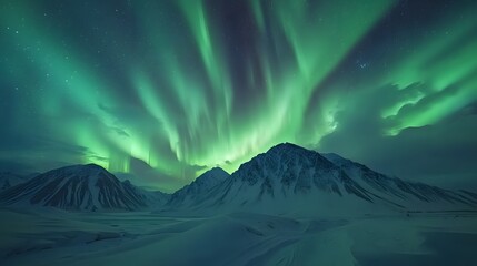 A breathtaking view of the Northern Lights dancing above Svalbard's snowy landscapes, creating an enchanting and mystical atmosphere in Norway's remote wilderness