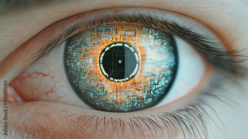 Poster eye of the future: an artistic rendition of an eye made from technological elements such as circuits