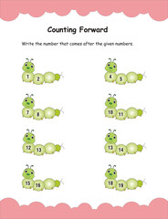 Number puzzle for kids, forward counting worksheet for kids. Greater than, less than or equal to game. Worksheet for preschool kids, activity sheet, Missing number. Trace and fill the missing number