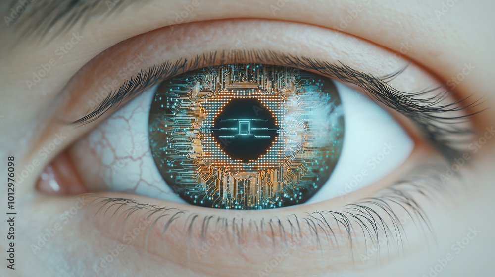 Poster eye of the future: an artistic rendition of an eye made from technological elements such as circuits