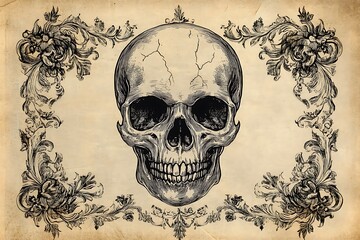 Fototapeta premium Skull with peonies or roses flowers. Hand drawn vintage vector Dotwork Illustration.