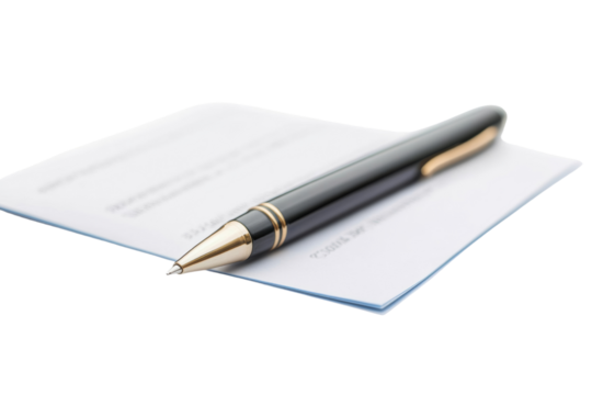 A black pen resting on a blank notepad ready for notes, white isolated background.