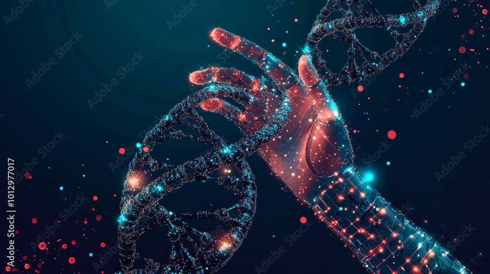Poster human hand and robot arm with a three-dimensional dna molecule composed of randomly moving particles
