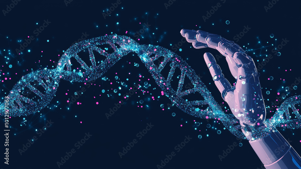 Poster human hand and robot arm with a three-dimensional dna molecule composed of randomly moving particles