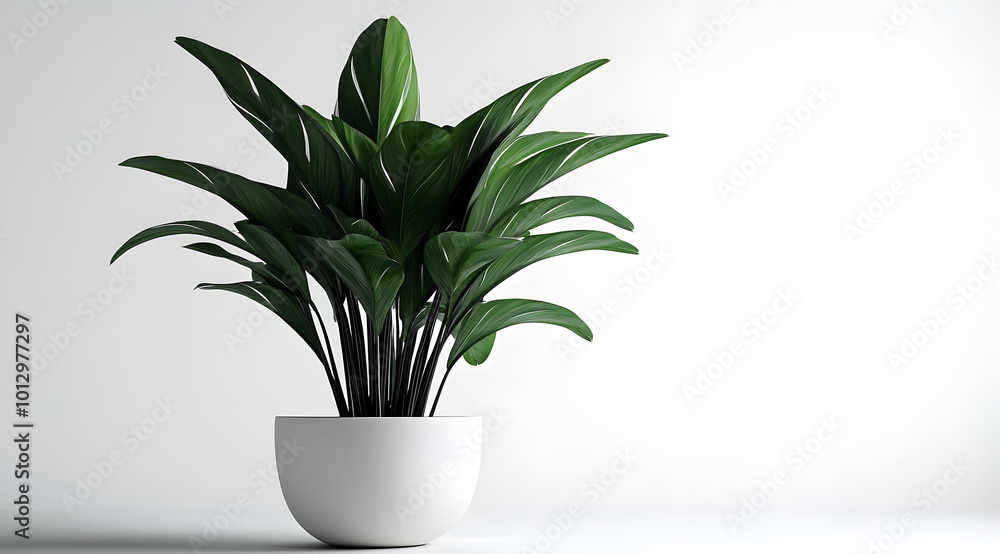 Wall mural Elegant potted green plant on a minimalist white background setting.