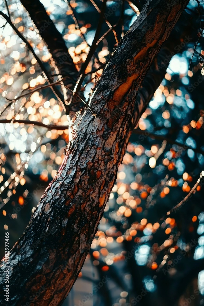Poster a tree trunk with a bokeh background of light and shadow