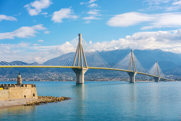 Charilaos Trikoupis lighthouse and bridge between Rio and Antirrio