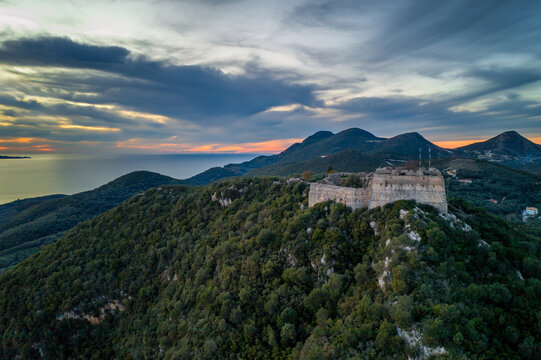 Drone view of Ali Pasha castle of Rrapeza at sunset, in Greece