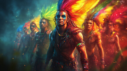 Fototapeta premium A group of men wearing colorful feathers and paint stand in a line.