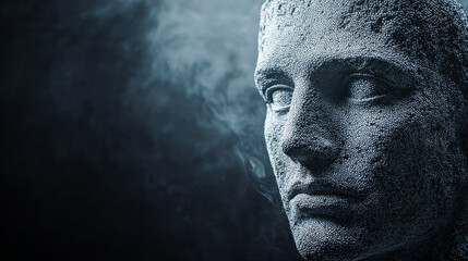 Male Head Composed of Dots in Empty Space: Antique Sculpture Style. Dark Background with Backlight and Depth of Field.

