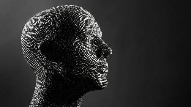 Male Head Composed of Dots in Empty Space: Antique Sculpture Style. Dark Background with Backlight and Depth of Field.

