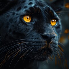 Obraz premium A captivating portrait of a majestic black leopard with striking golden eyes. This image showcases natural beauty in wildlife art. Perfect for nature lovers. Generative AI