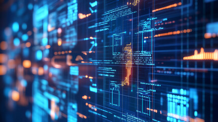 Fototapeta premium Modern Circuit Interface over Blue Background: Concept of High Tech and Data Analysis. 3D Rendering with Toned Image Double Exposure.