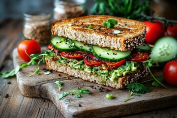 Fresh vegetable sandwich on a wooden board. Colorful ingredients create a beautiful dish. Ideal for healthy meals at home or cafes. Delicious and nutritious treat. Generative AI