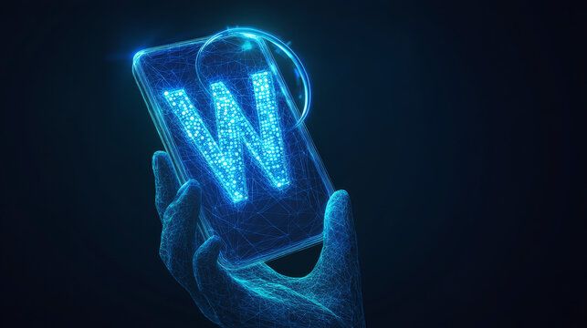 Phone in a Hand with Python Language Symbol on Mobile Screen: Coding Software Concept. Abstract Digital Wireframe, Low Poly Mesh, Polygonal Raster Blue Neon 3D Illustration Featuring Triangles, Lines,