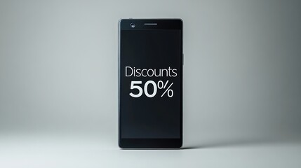 Smartphone Displaying 50 percent Discounts on Minimalist Background