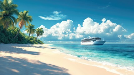 Idyllic Tropical Beach with Cruise Ship and Palm Trees Under Clear Blue Sky