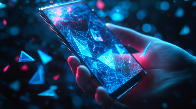 Phone in a Hand with Python Language Symbol on Mobile Screen: Coding Software Concept. Abstract Digital Wireframe, Low Poly Mesh, Polygonal Raster Blue Neon 3D Illustration Featuring Triangles, Lines,